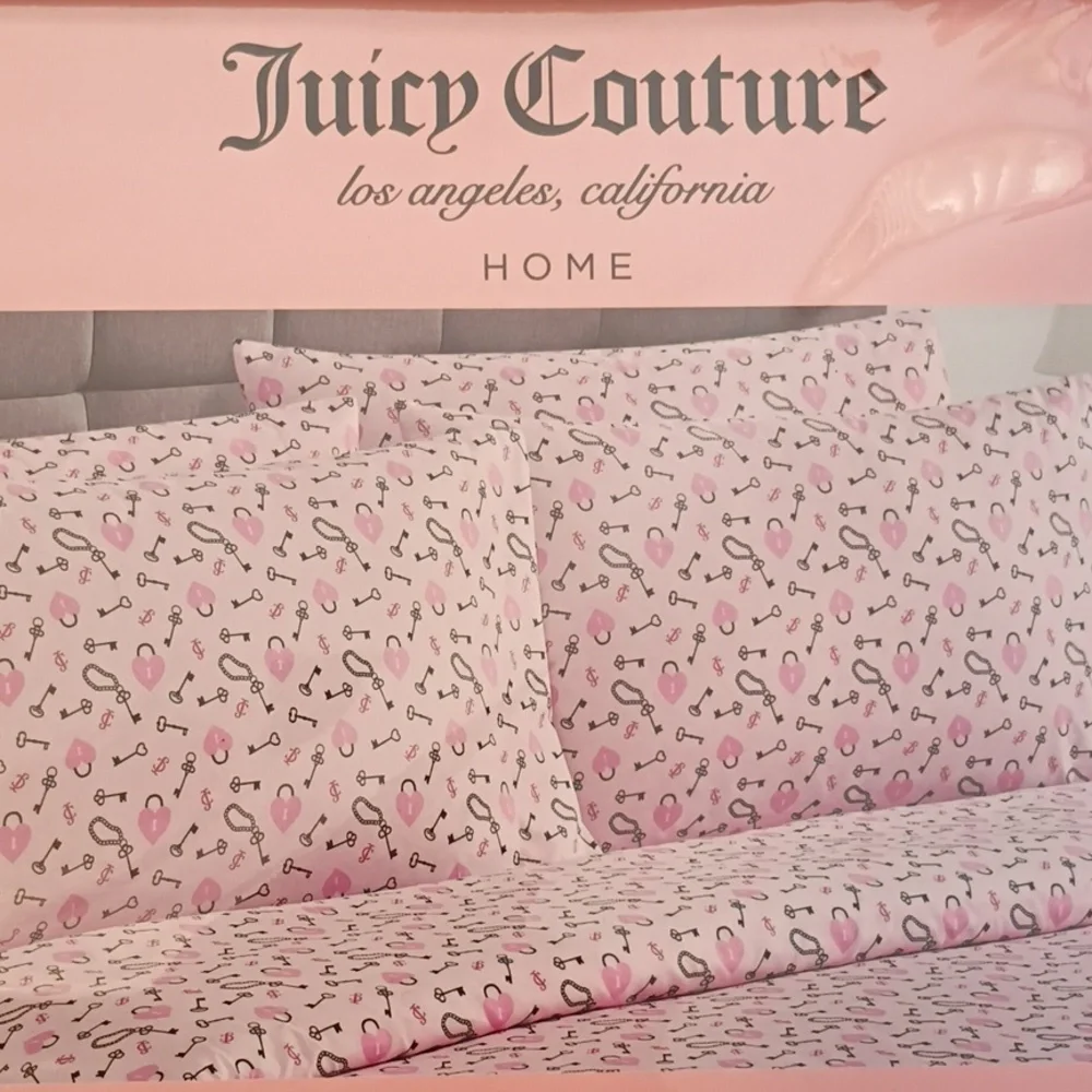 Juicy Couture Pink Heart Lock Key Twin Sheet Set